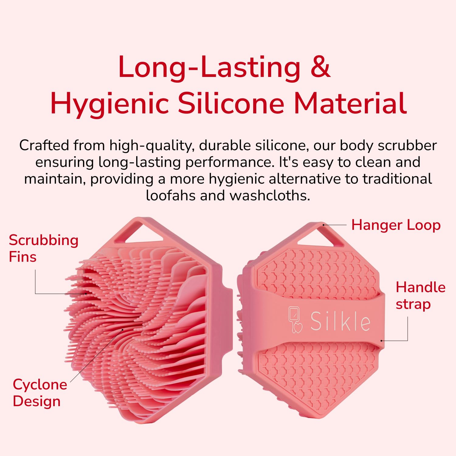 SILKLE Silicone Body Scrubber - Exfoliating Bath Brush and Skin Cleanser - Shower Sponge for Gentle Body Scrub and Wash - Silicone Scrubbing Care Tool for a Refreshed and Renewed You - Pink
